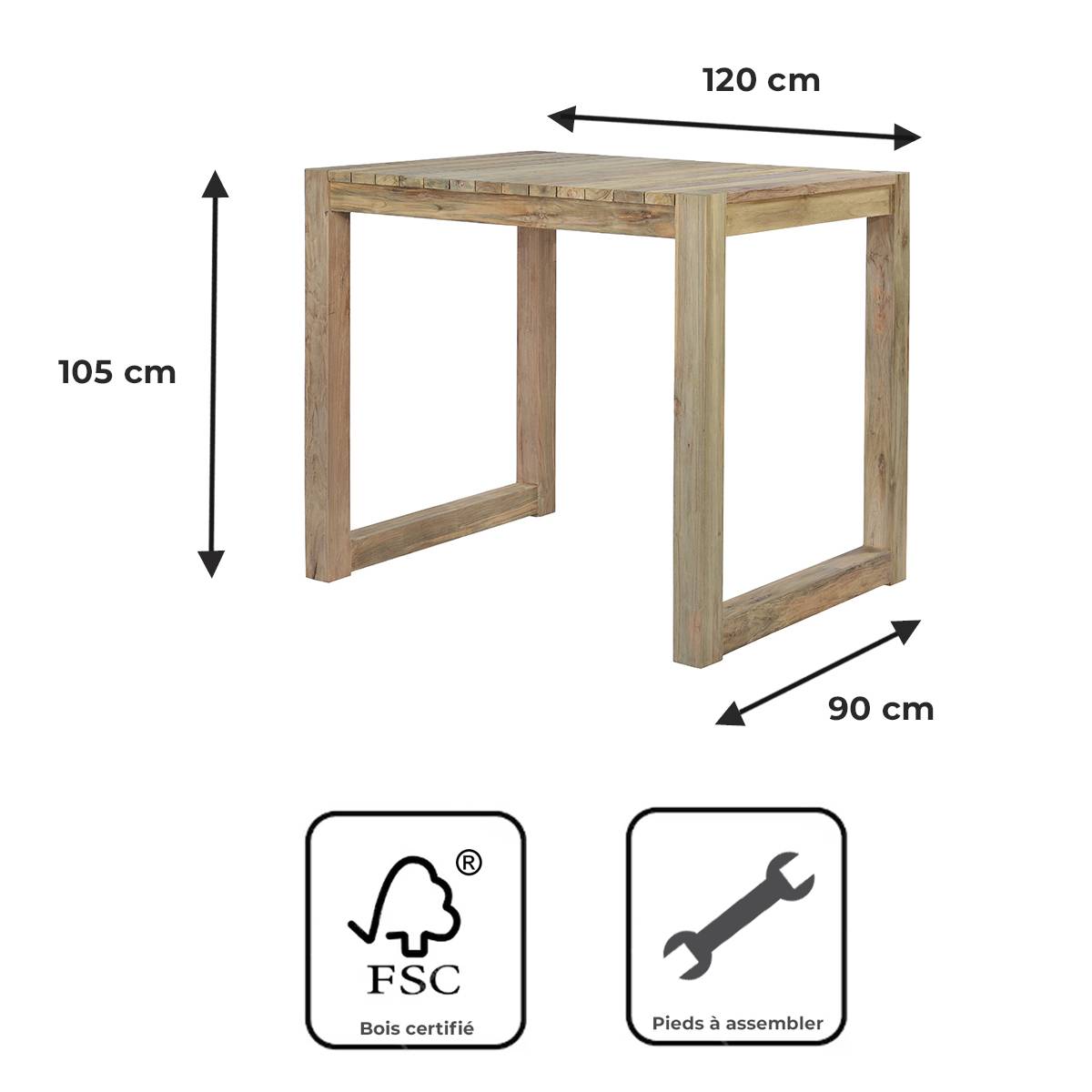 Gecko Jardin - Table haute en teck recyclé 120 cm Toscagne - Gecko Jardin - Image 8