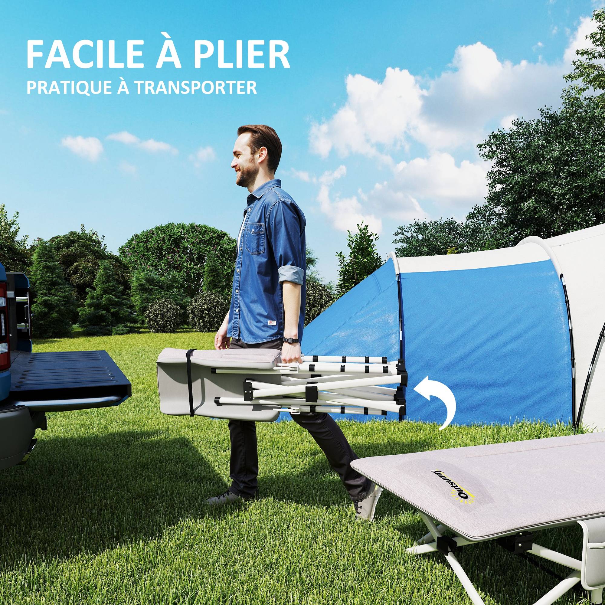 Lit de camping pliable avec matelas transat chaise longue sac de rangement intégrée dim. 185L x 65l x 37H cm gris - Image 6