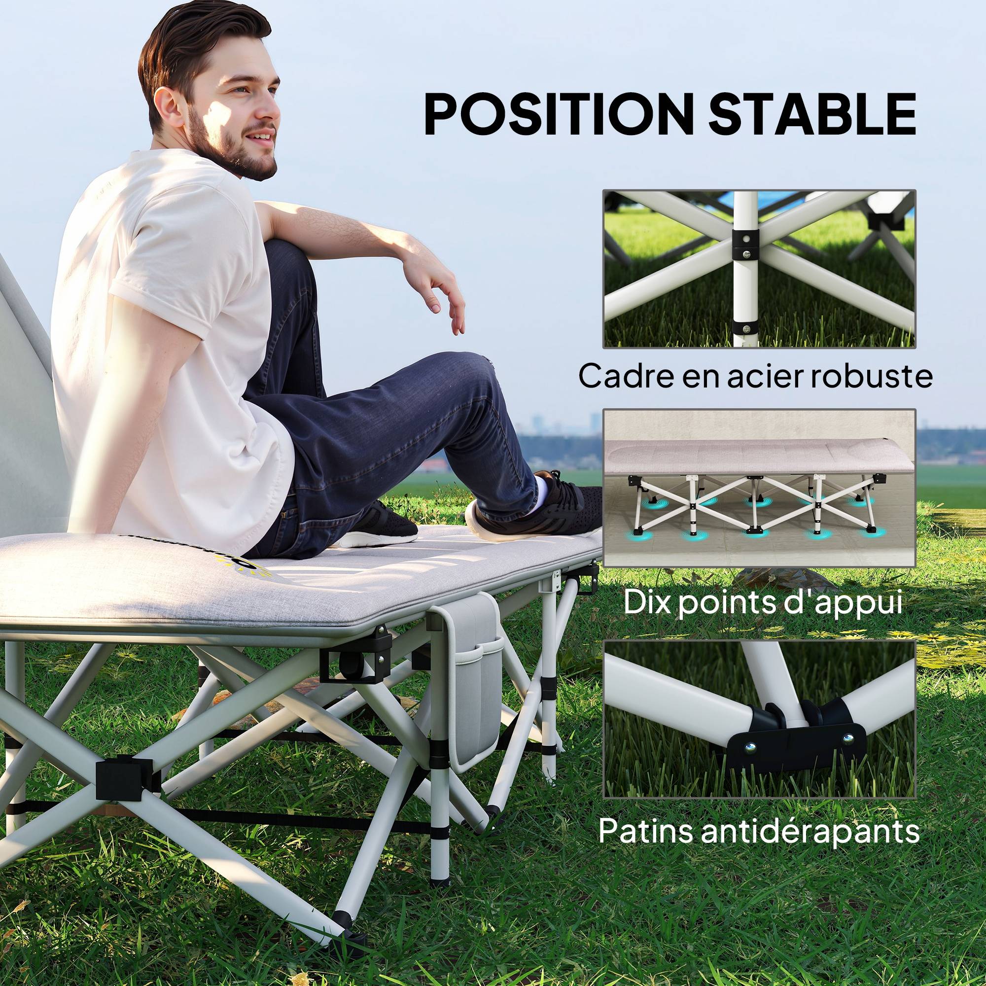 Lit de camping pliable avec matelas transat chaise longue sac de rangement intégrée dim. 185L x 65l x 37H cm gris - Image 9