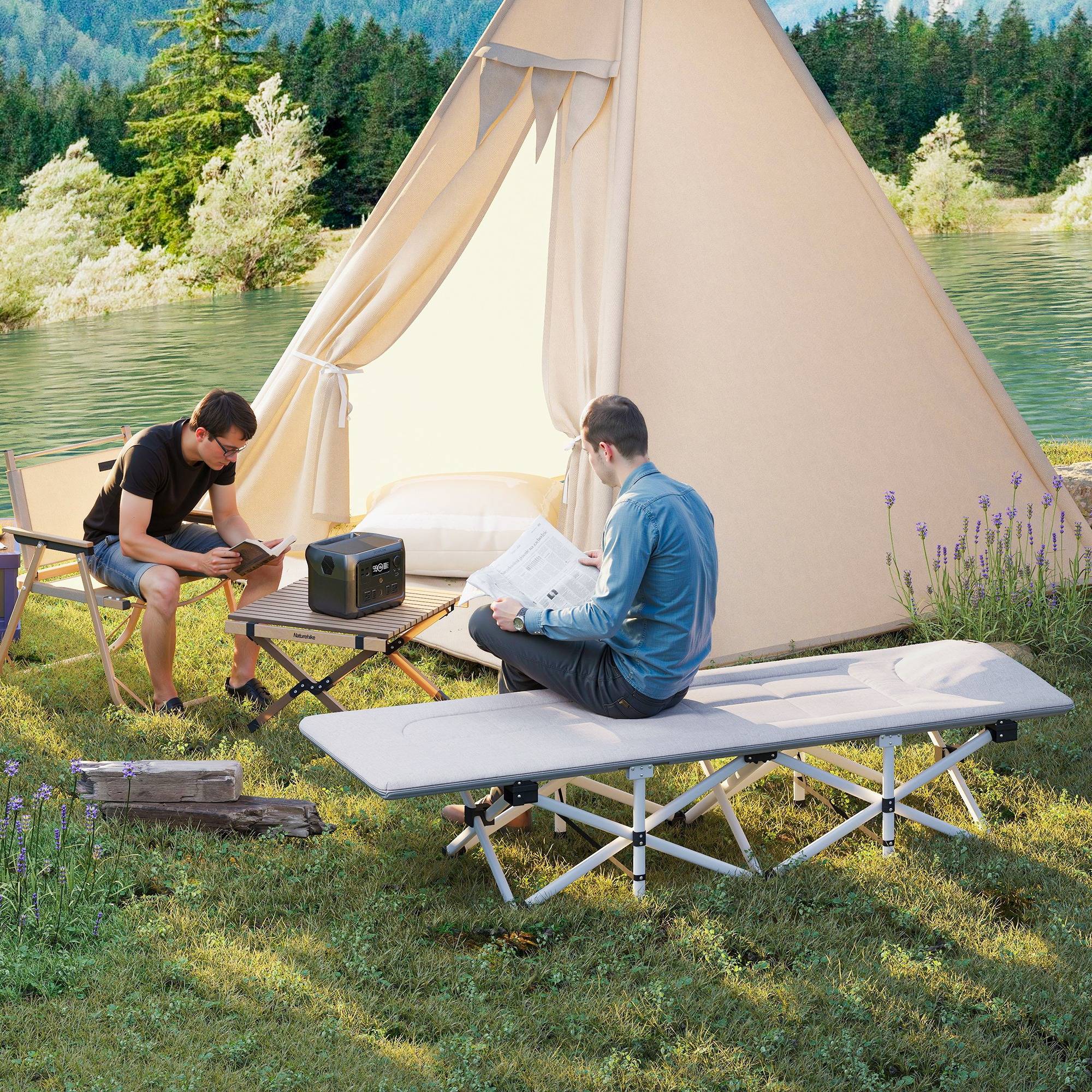 Lit de camping pliable avec matelas transat chaise longue sac de rangement intégrée dim. 185L x 65l x 37H cm gris - Image 3