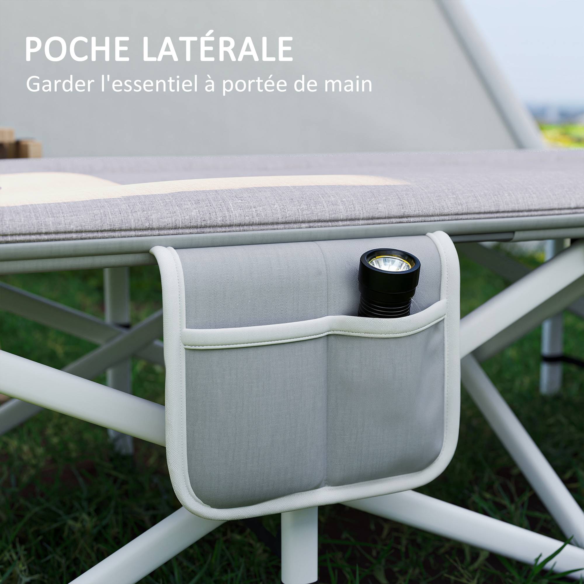 Lit de camping pliable avec matelas transat chaise longue sac de rangement intégrée dim. 185L x 65l x 37H cm gris - Image 8