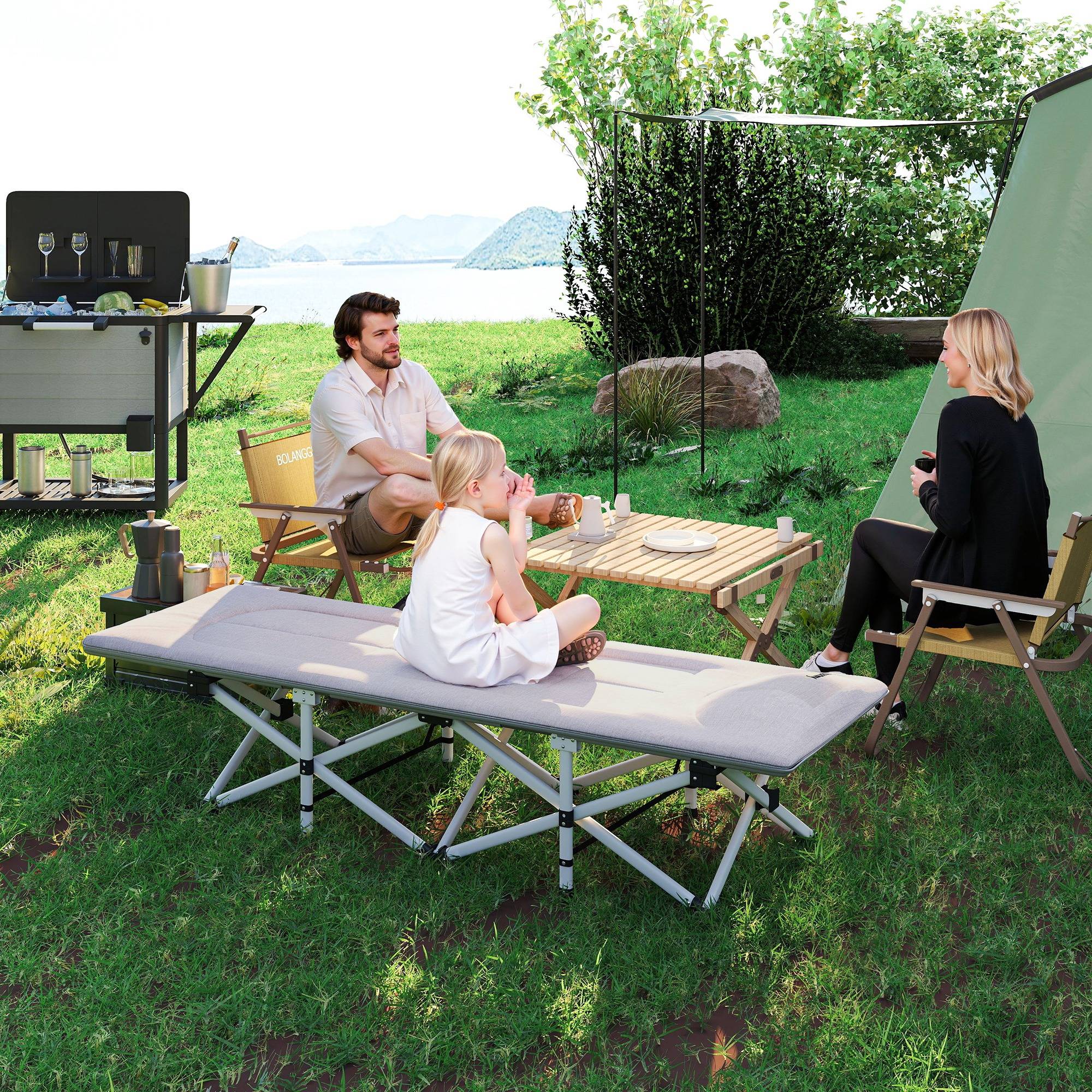 Lit de camping pliable avec matelas transat chaise longue sac de rangement intégrée dim. 185L x 65l x 37H cm gris - Image 10