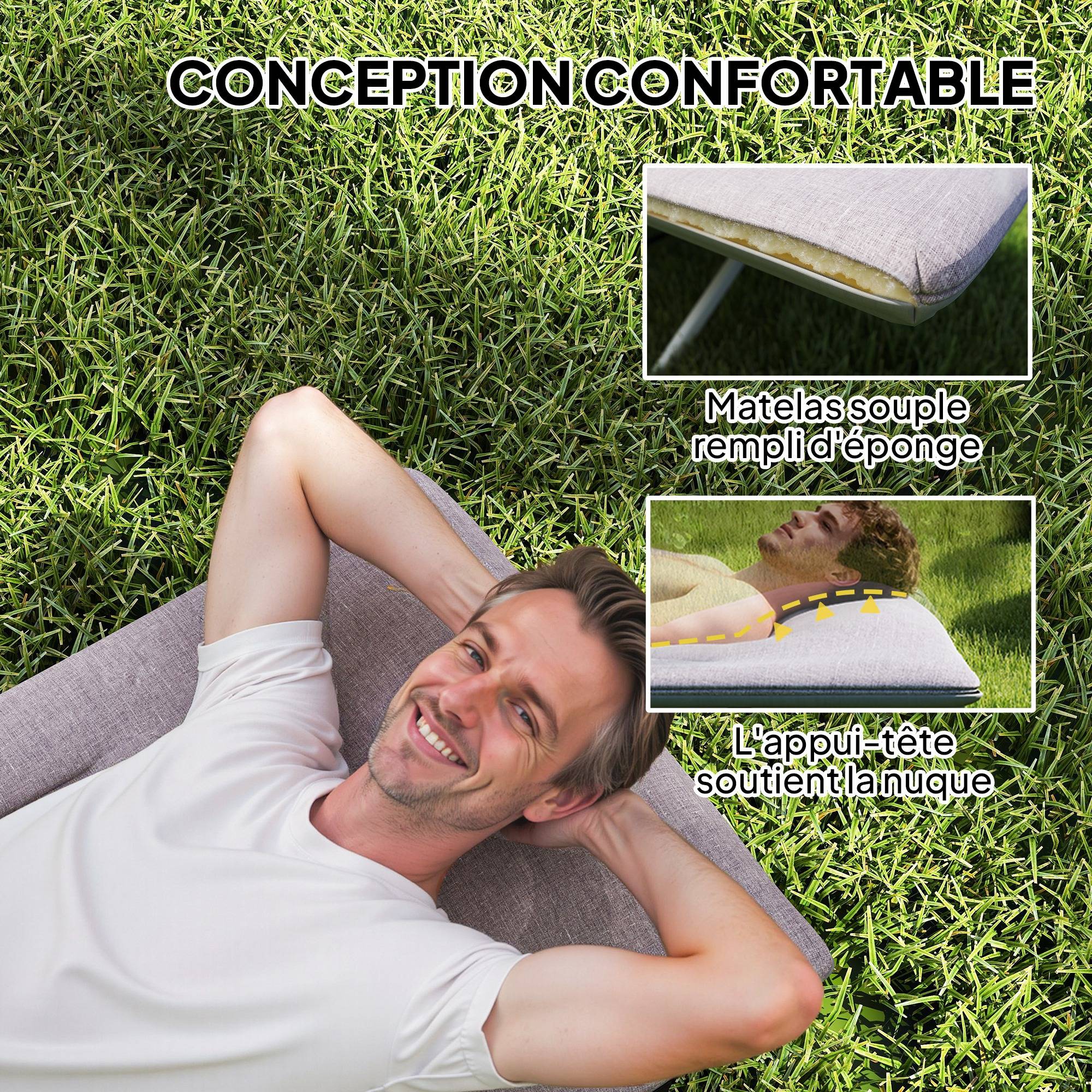 Lit de camping pliable avec matelas transat chaise longue sac de rangement intégrée dim. 185L x 65l x 37H cm gris - Image 7
