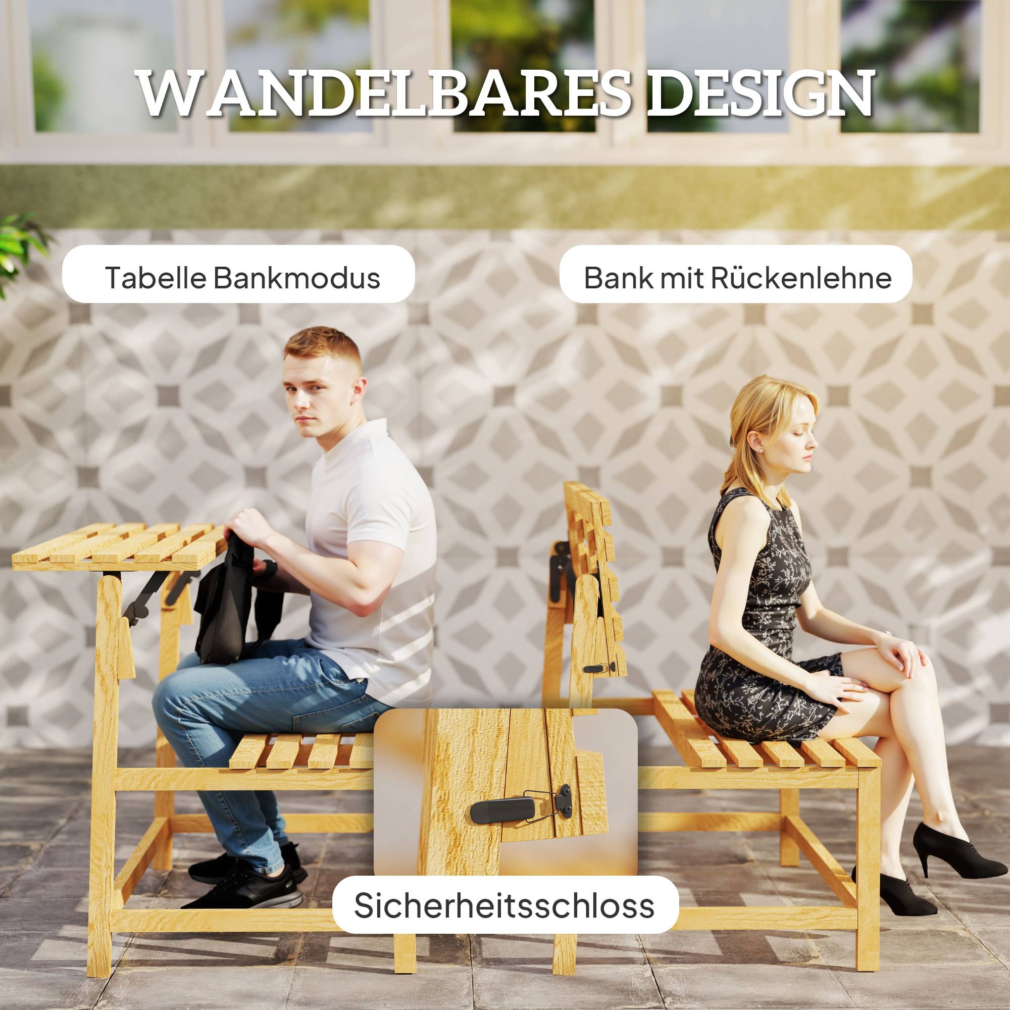 Banc de jardin 2 places en bois de teck, dossier convertible, résistant aux UV, 110x61x89cm, meuble extérieur polyvalent - Image 4