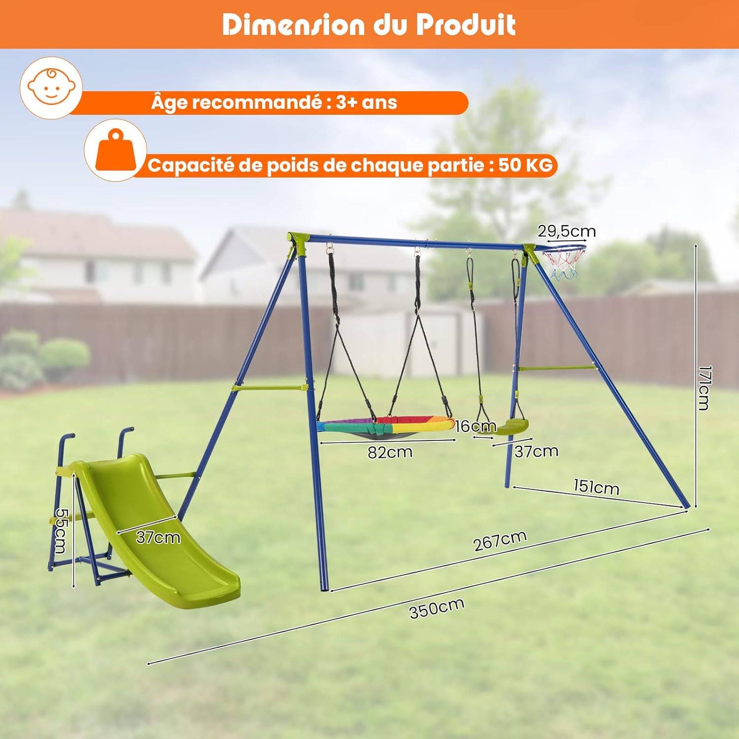 Portique de Balançoire 4 en 1 avec Toboggan & Panier de Basket,Charge 50kg - Image 4