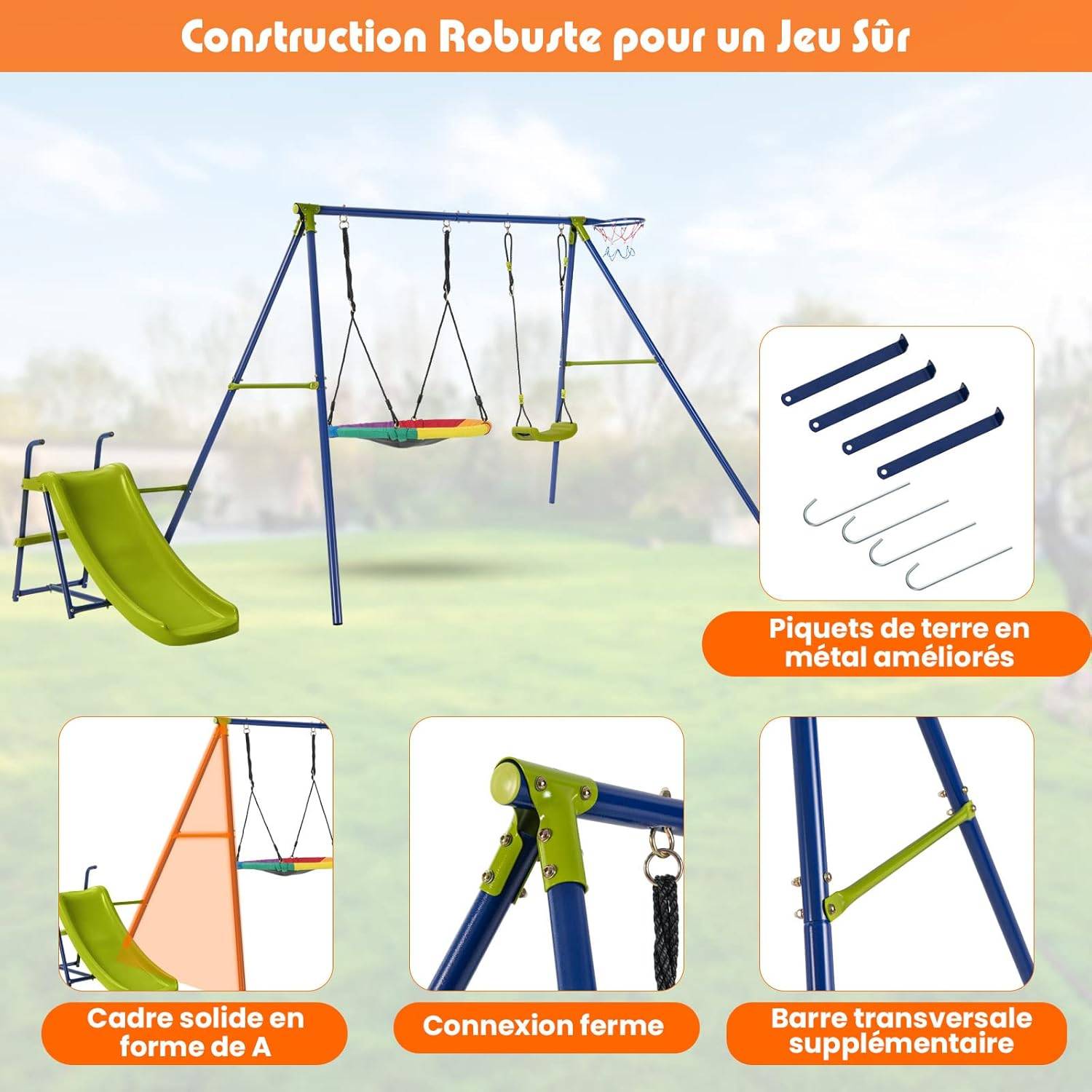 Portique de Balançoire 4 en 1 avec Toboggan & Panier de Basket,Charge 50kg - Image 3
