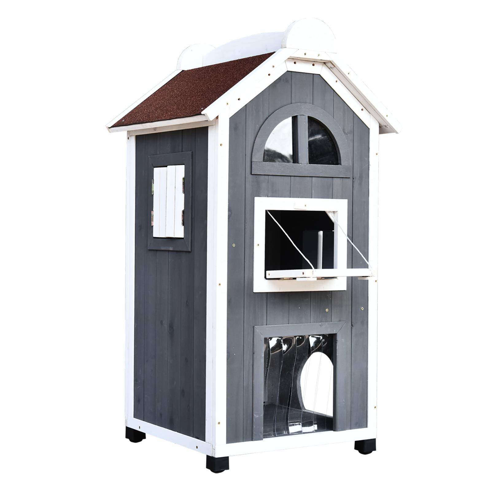Maisonnette pour chat bois de sapin gris 59 x 55 x 109 cm - PANGIVO - Image 2