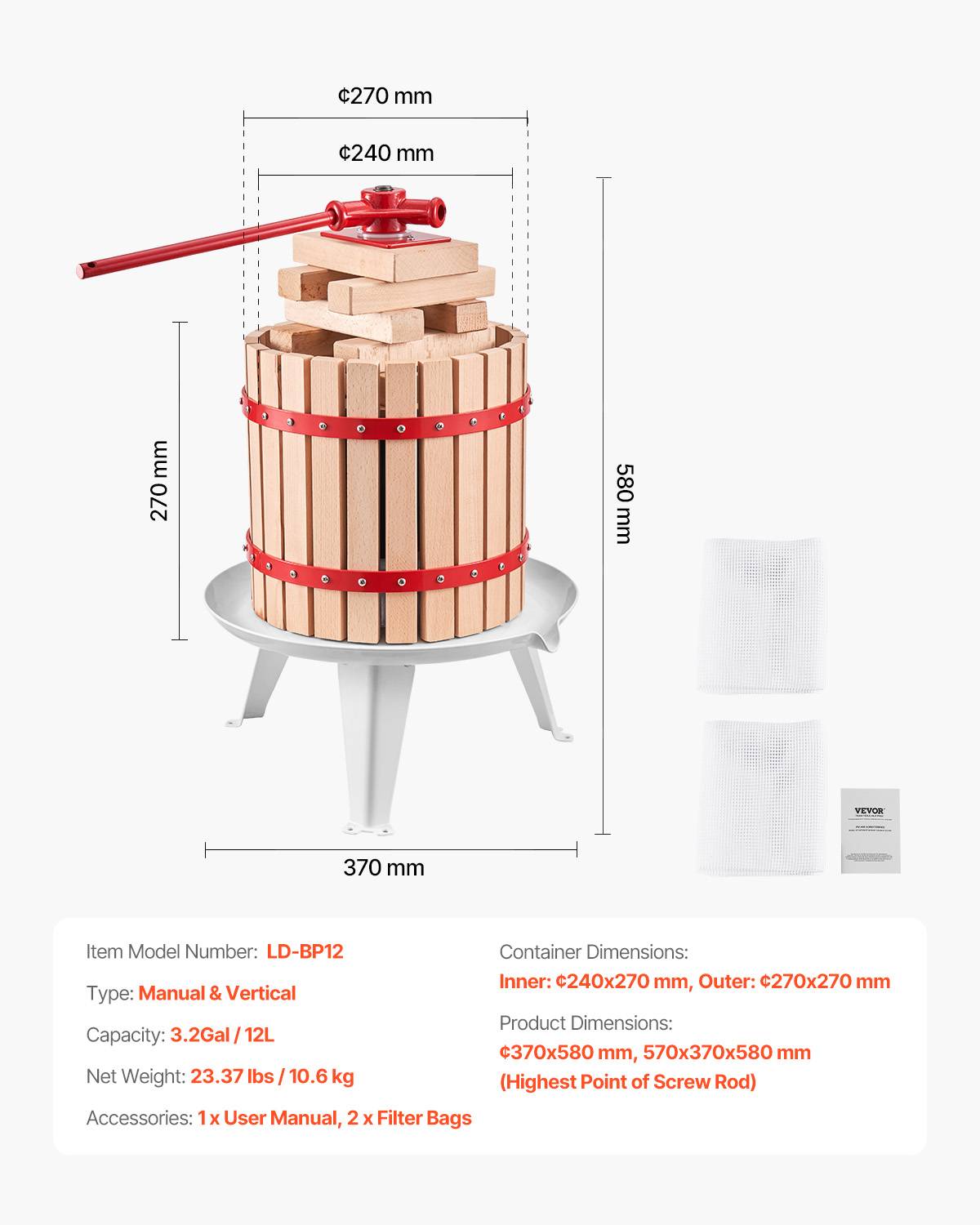 VEVOR Pressoir fruits manuel 12 L, panier bois massif, 8 blocs, presse-agrumes. - Image 7