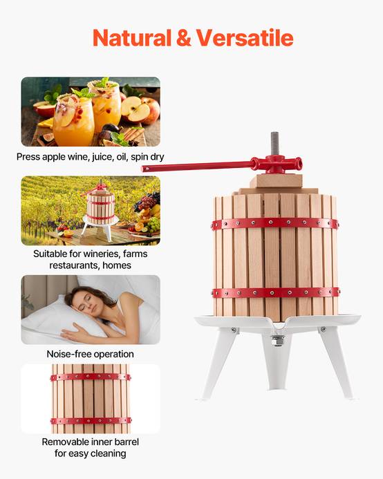 VEVOR Pressoir fruits manuel 12 L, panier bois massif, 8 blocs, presse-agrumes. - Image 6
