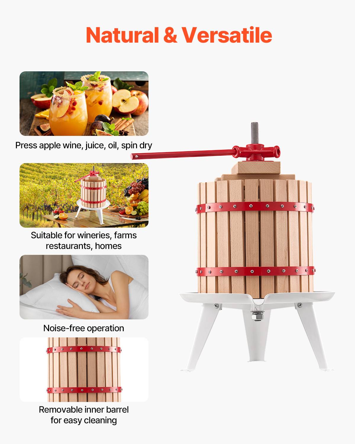 VEVOR Pressoir fruits manuel 12 L, panier bois massif, 8 blocs, presse-agrumes. - Image 6