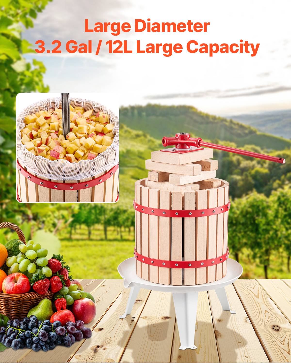 VEVOR Pressoir fruits manuel 12 L, panier bois massif, 8 blocs, presse-agrumes. - Image 5
