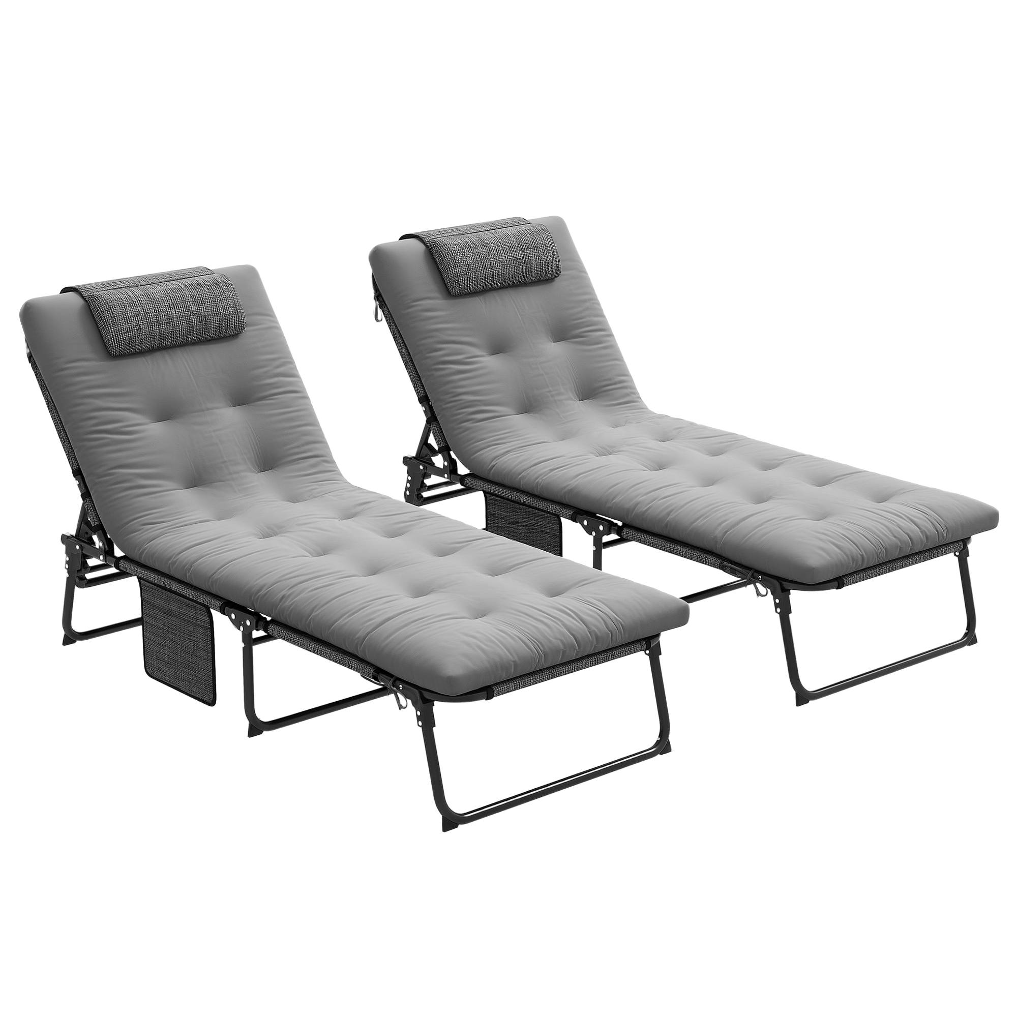 Outsunny - Lot 2 transats bains de soleil pliables dossier inclinable 4 positions, appui-tête, matelas épais confortable textilène/acier gris - Outsunny - Image 1