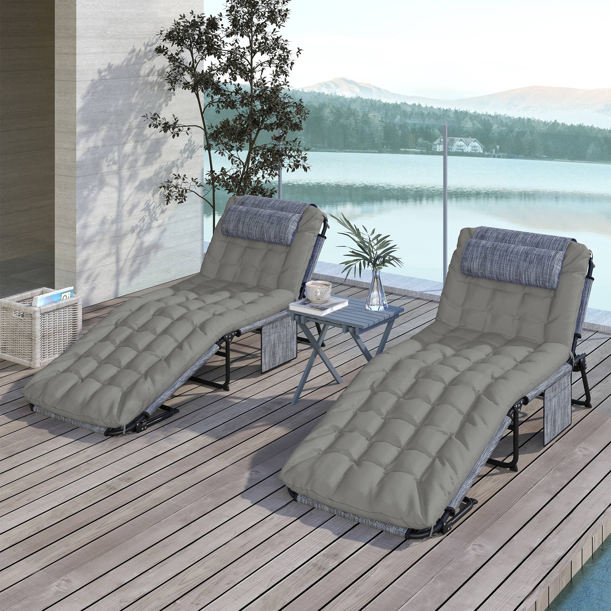 Outsunny - Lot 2 transats bains de soleil pliables dossier inclinable 4 positions, appui-tête, matelas épais confortable textilène/acier gris - Outsunny - Image 5