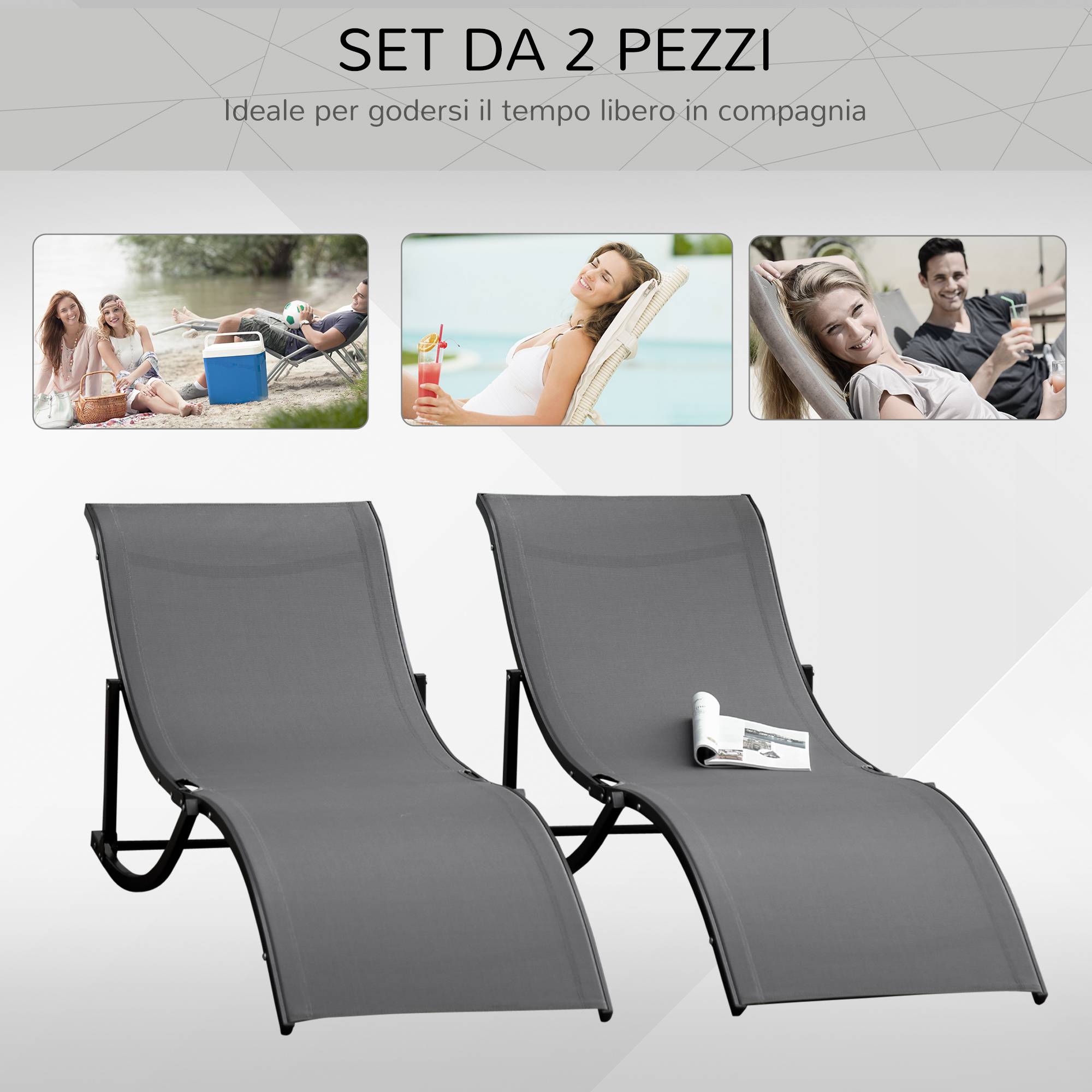 Set de 2 transats de jardin pliables, lit de bronzage en aluminium et textilène, 61x165x63 cm - Image 7