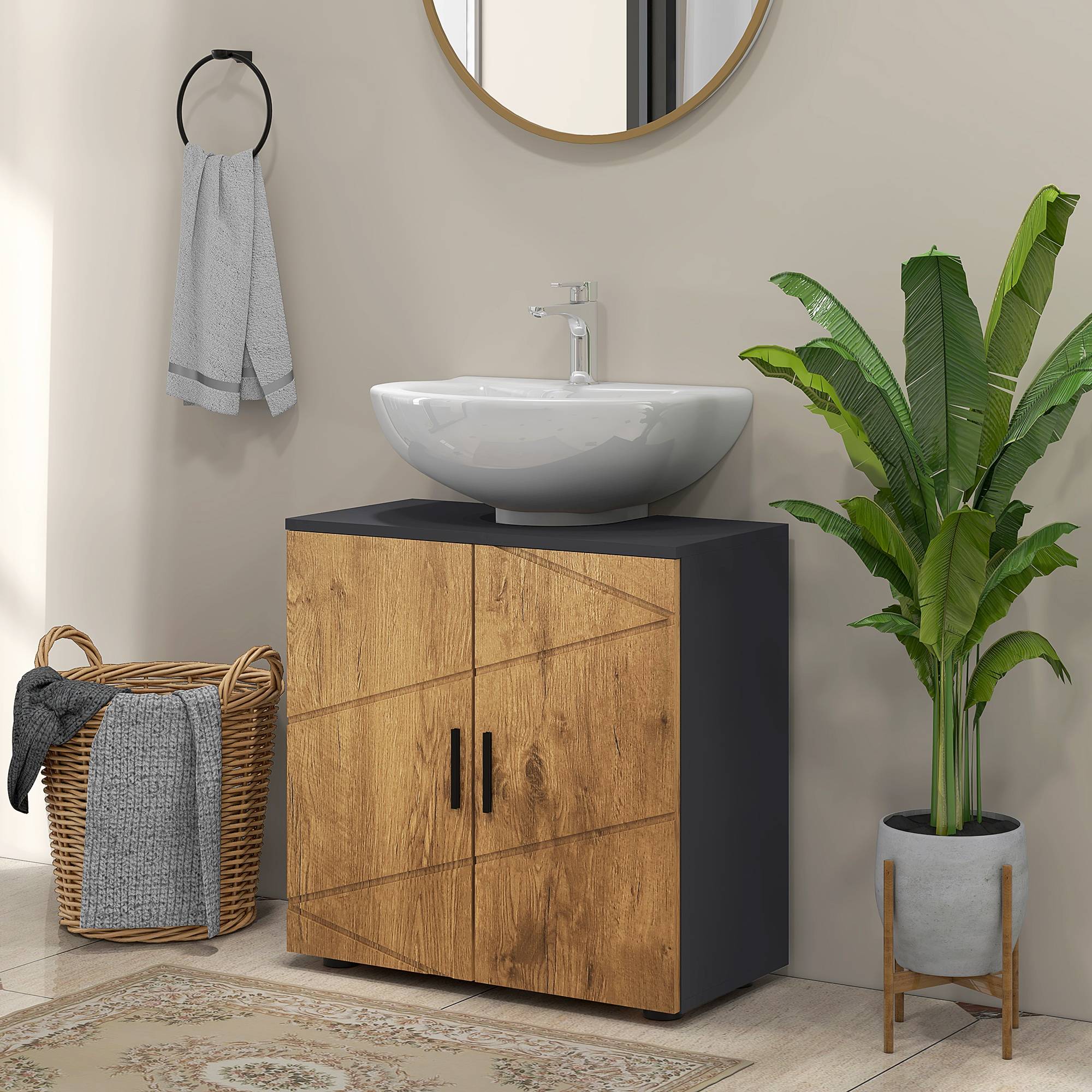 Sans Marque - Meuble vasque colonne armoire 2 portes 60x30x60 cm chêne - Image 4