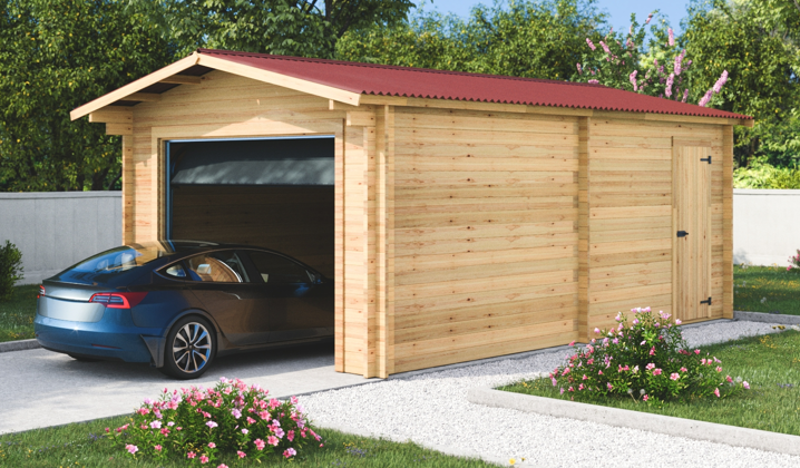 Habrita - Garage Madriers bois massif double rainurage - 60 mm - 24,23 m2 - Porte de garage sectionnelle motorisée - Image 1