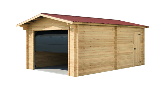 Habrita - Garage Madriers bois massif double rainurage - 60 mm - 24,23 m2 - Porte de garage sectionnelle motorisée - Image 2