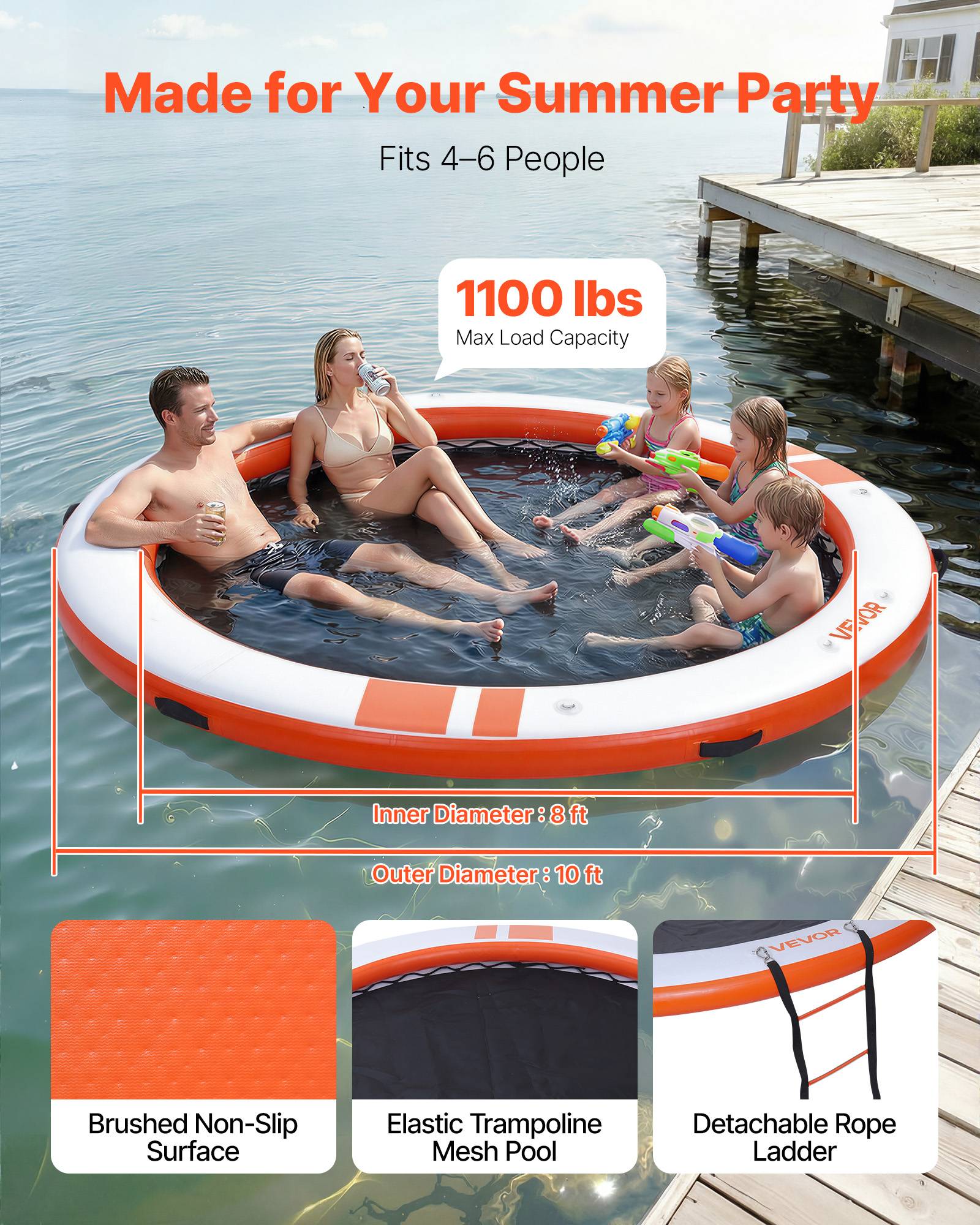 Vevor - VEVOR Quai Flottant Gonflable Plateforme de Quai Ronde 3,05 m Orange avec Sac - Image 2