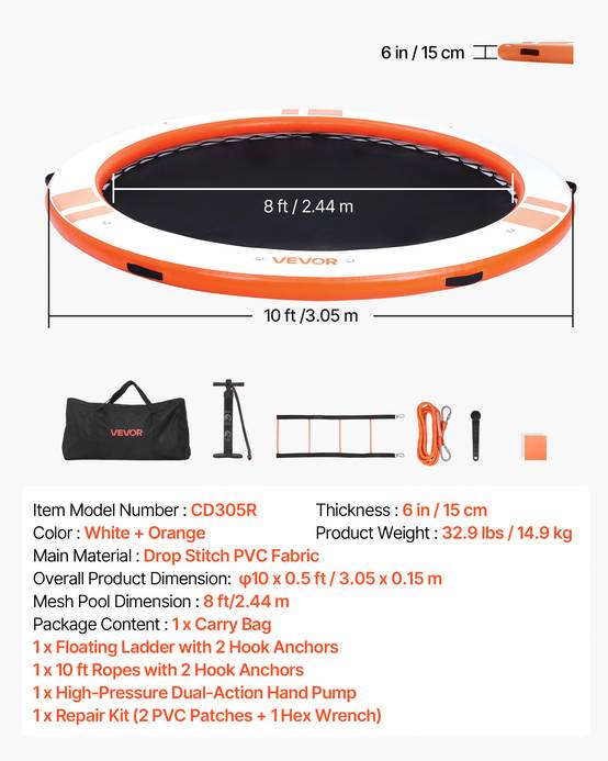 Vevor - VEVOR Quai Flottant Gonflable Plateforme de Quai Ronde 3,05 m Orange avec Sac - Image 7