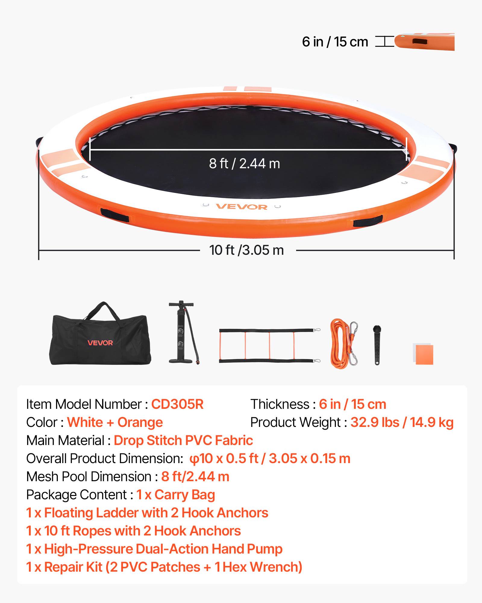 Vevor - VEVOR Quai Flottant Gonflable Plateforme de Quai Ronde 3,05 m Orange avec Sac - Image 7