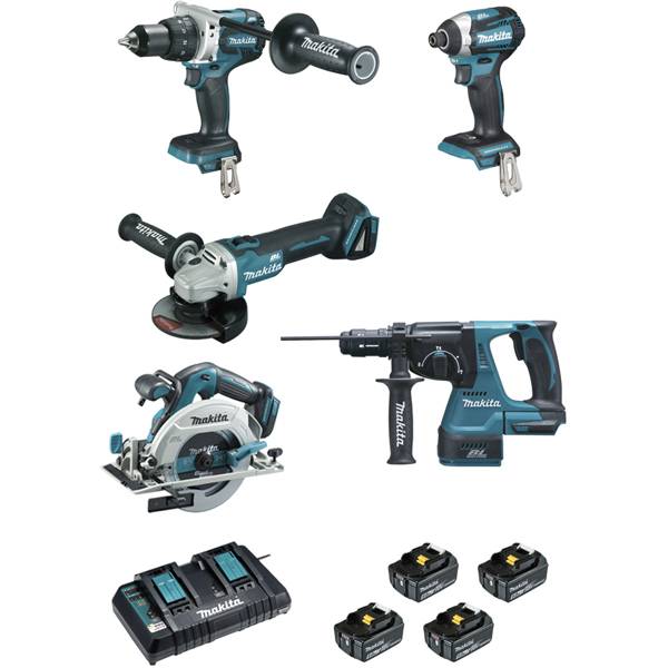 Ensemble de 5 machines MAKITA 18V Li-Ion 5.0 Ah - Perfo-burineur + Visseuse + Perceuse + Meuleuse + Scie circulaire - DLX5038PTJ