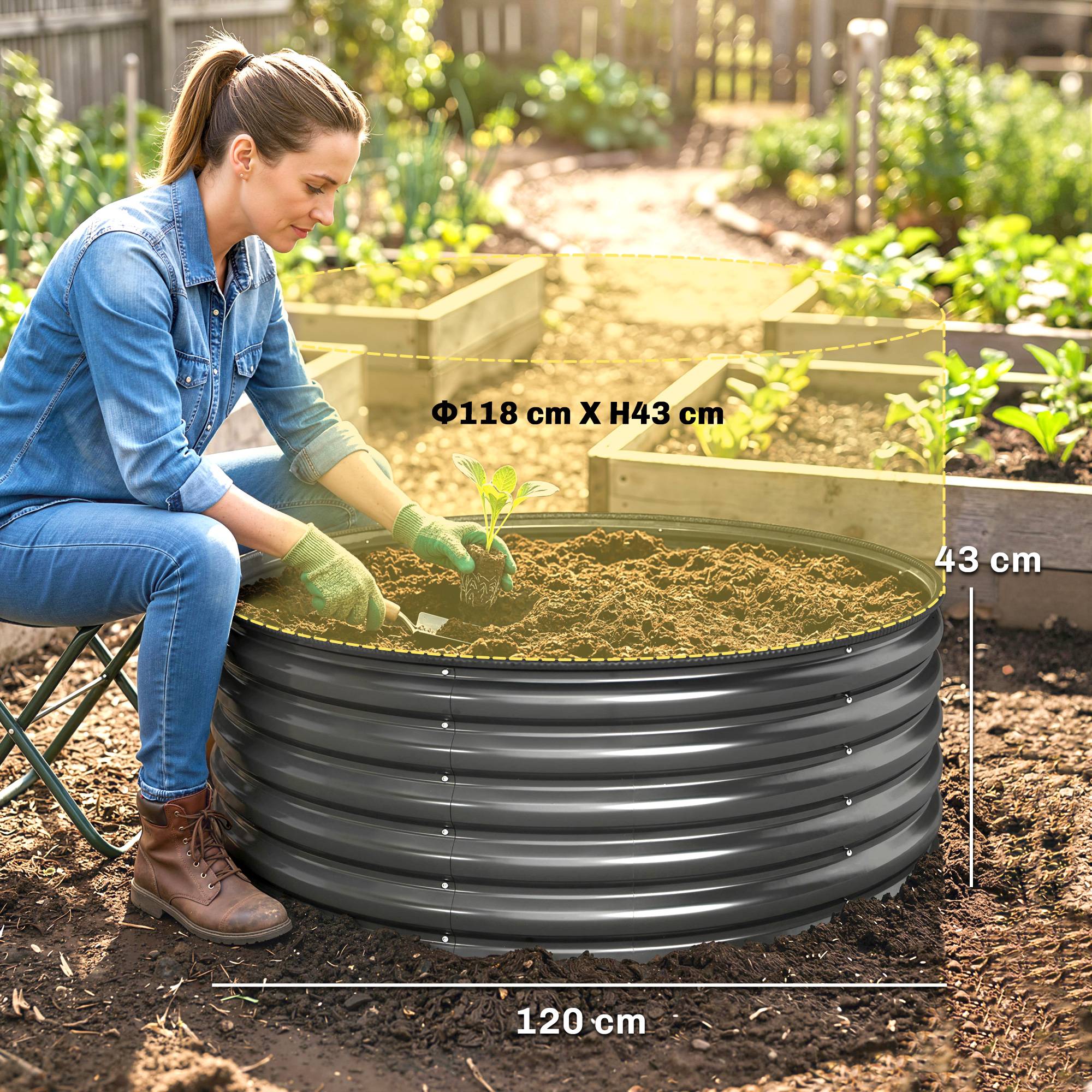 Sans Marque - Jardinière surélevée bac galvanisé rebord sécurité bac plantes fond ouvert 120x120x43 cm gris foncé - Image 5