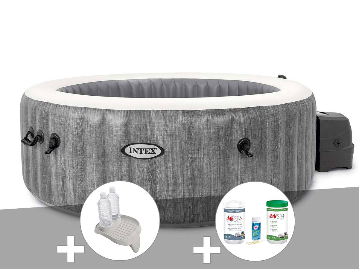Kit spa gonflable Intex PureSpa Baltik rond Bulles 4 places + Porte-verre + Kit de traitement brome