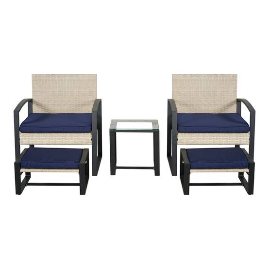 Casa.Pro - Salon de jardin 5 pièces Calvello avec table 2 chaises 2 repose-pieds aspect rotin bleu marine noir casa.pro - Image 3