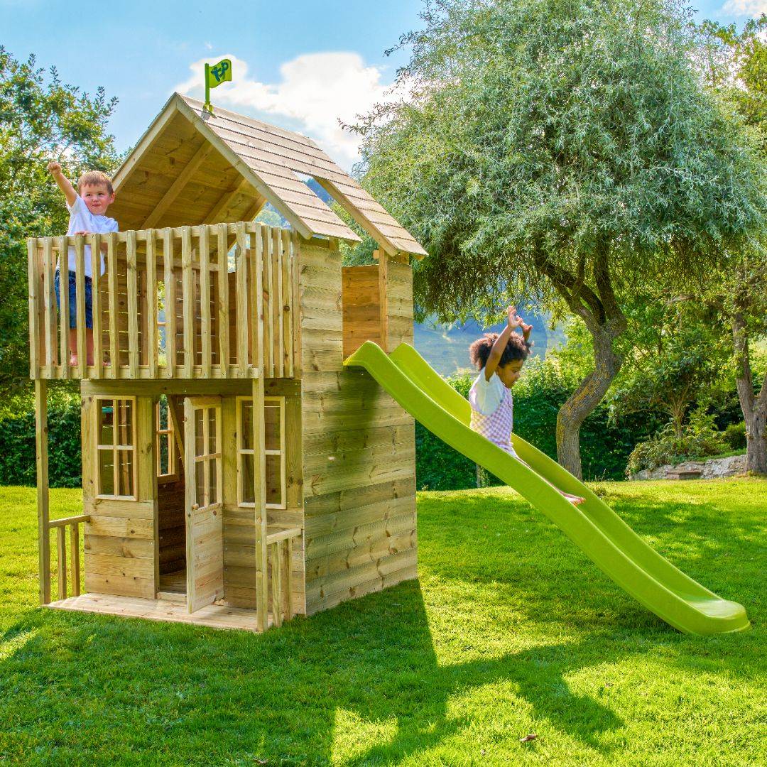Maisonnette cabane en bois FSC® avec toboggan vert pomme LOFT - Image 3
