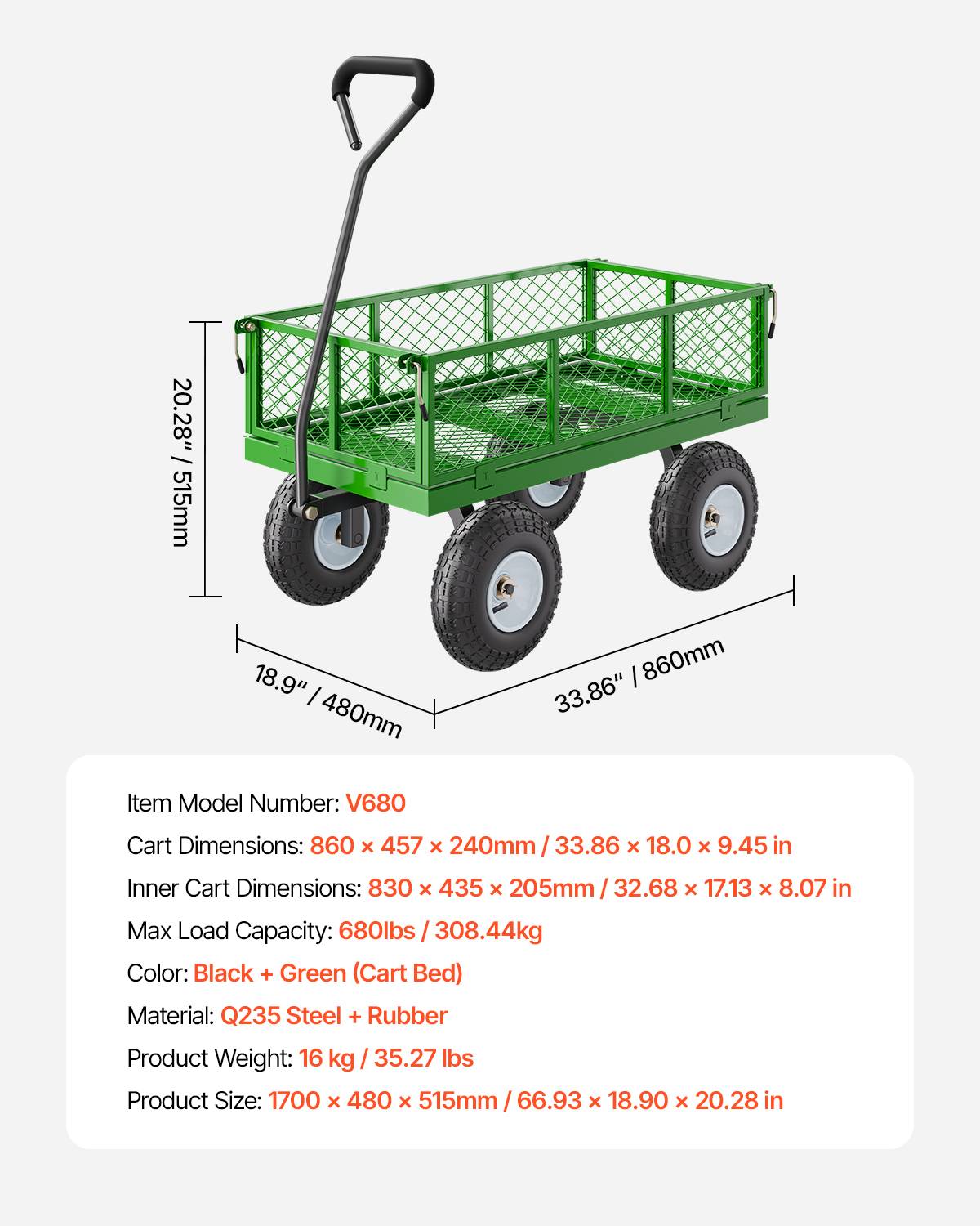 Vevor - VEVOR Chariot jardin transport, charge 308,44 kg, métal, pneus 254 mm, côtes amovibles. - Image 7