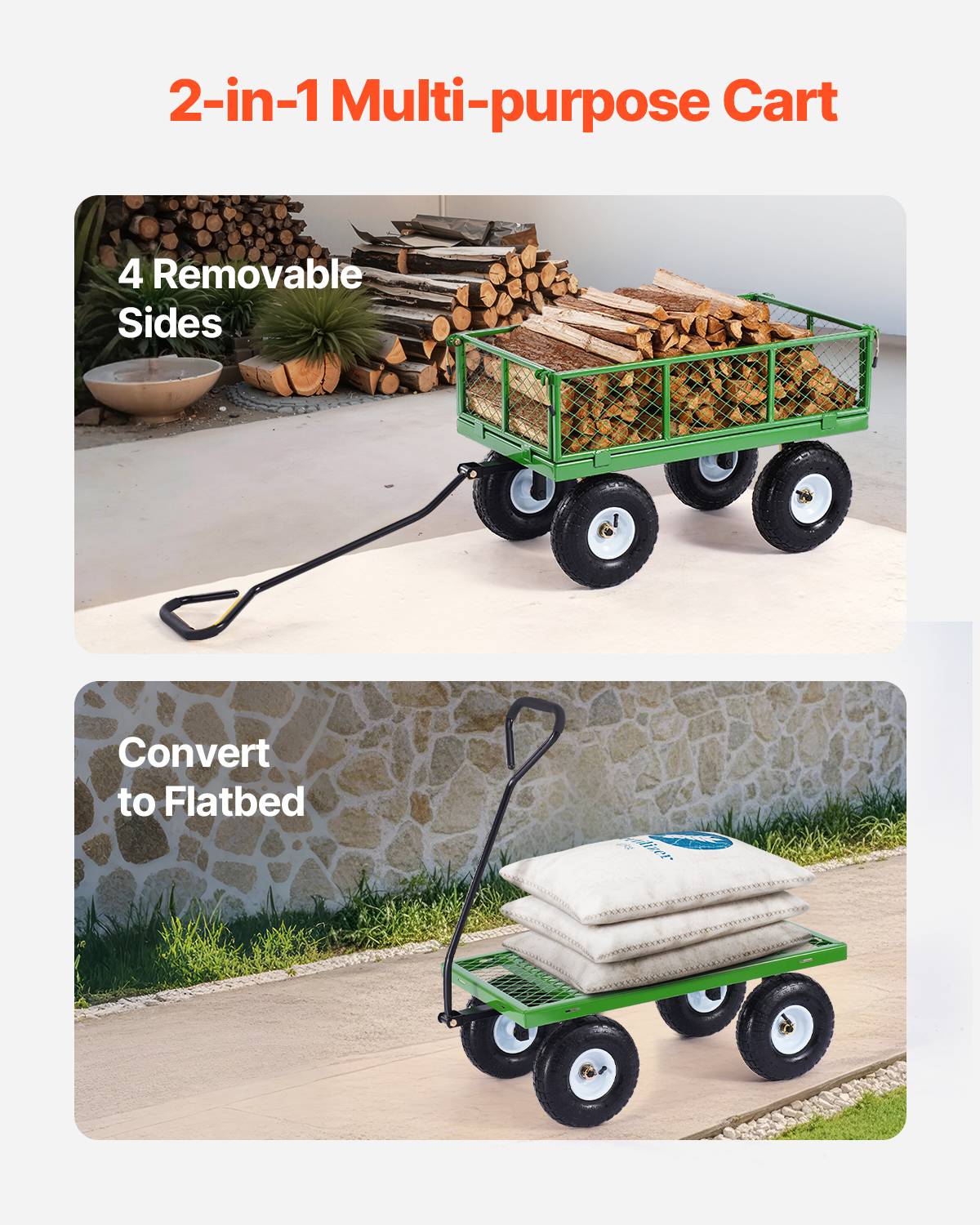 VEVOR Chariot jardin transport, charge 308,44 kg, métal, pneus 254 mm, côtes amovibles. - Image 3