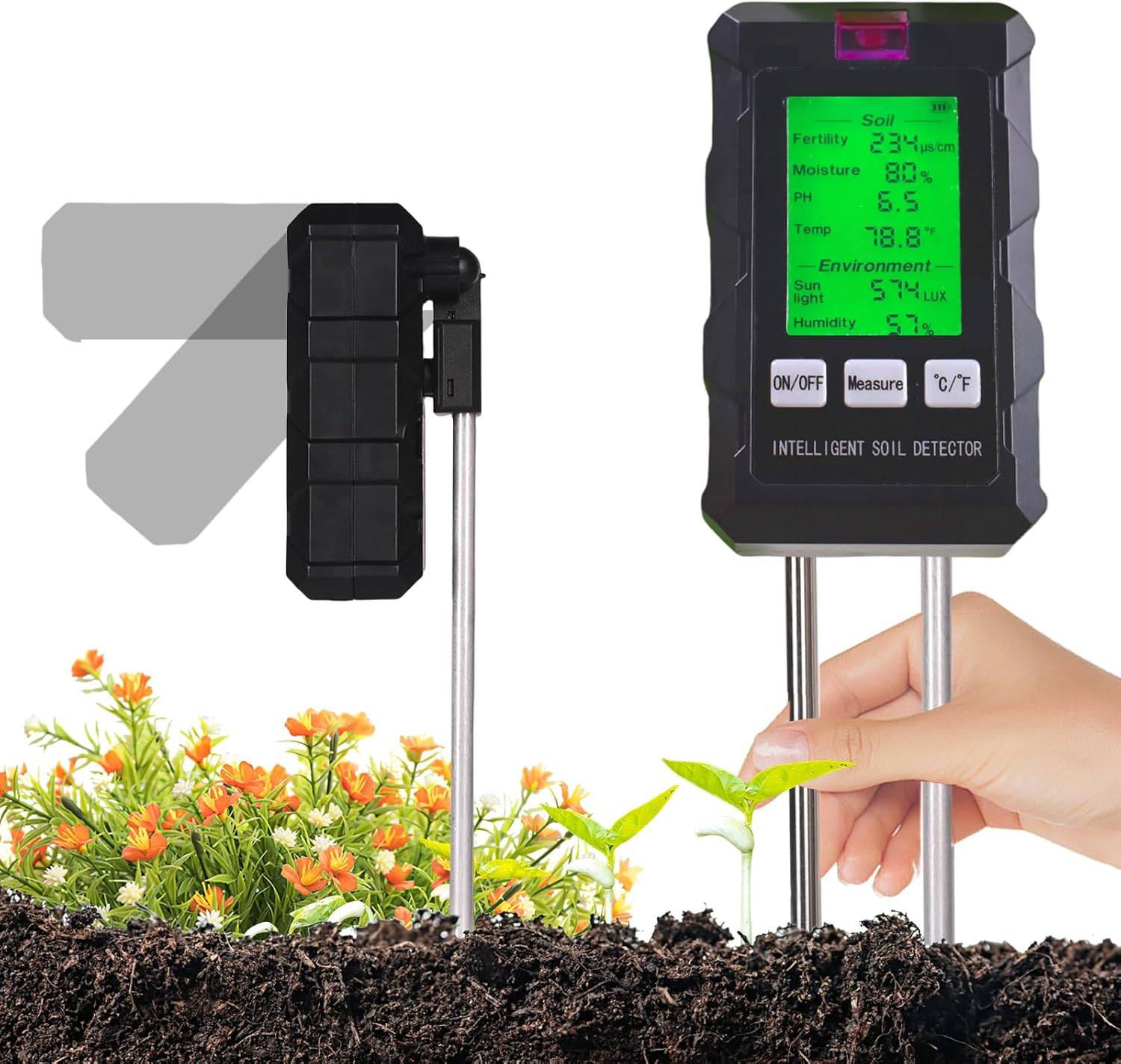IntiMeg - 6 en 1 Hygrometre Plante avec Fertilité du Sol/Humidité/pH/Température/Lumière Solaire/Humidité Ambiante - IntiMeg