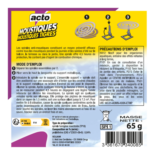 Lot 2x Spirales Anti-Moustiques Tigre ACTO : 90H de Protection - Image 3
