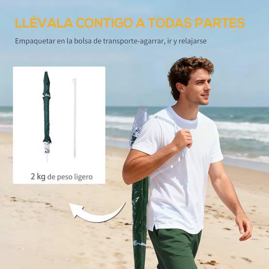 Parasol de plage 2 en 1 avec 2 panneaux latéraux, auvent portable anti-UV avec sac de transport, Ø 210 x 222 cm, vert - Image 10