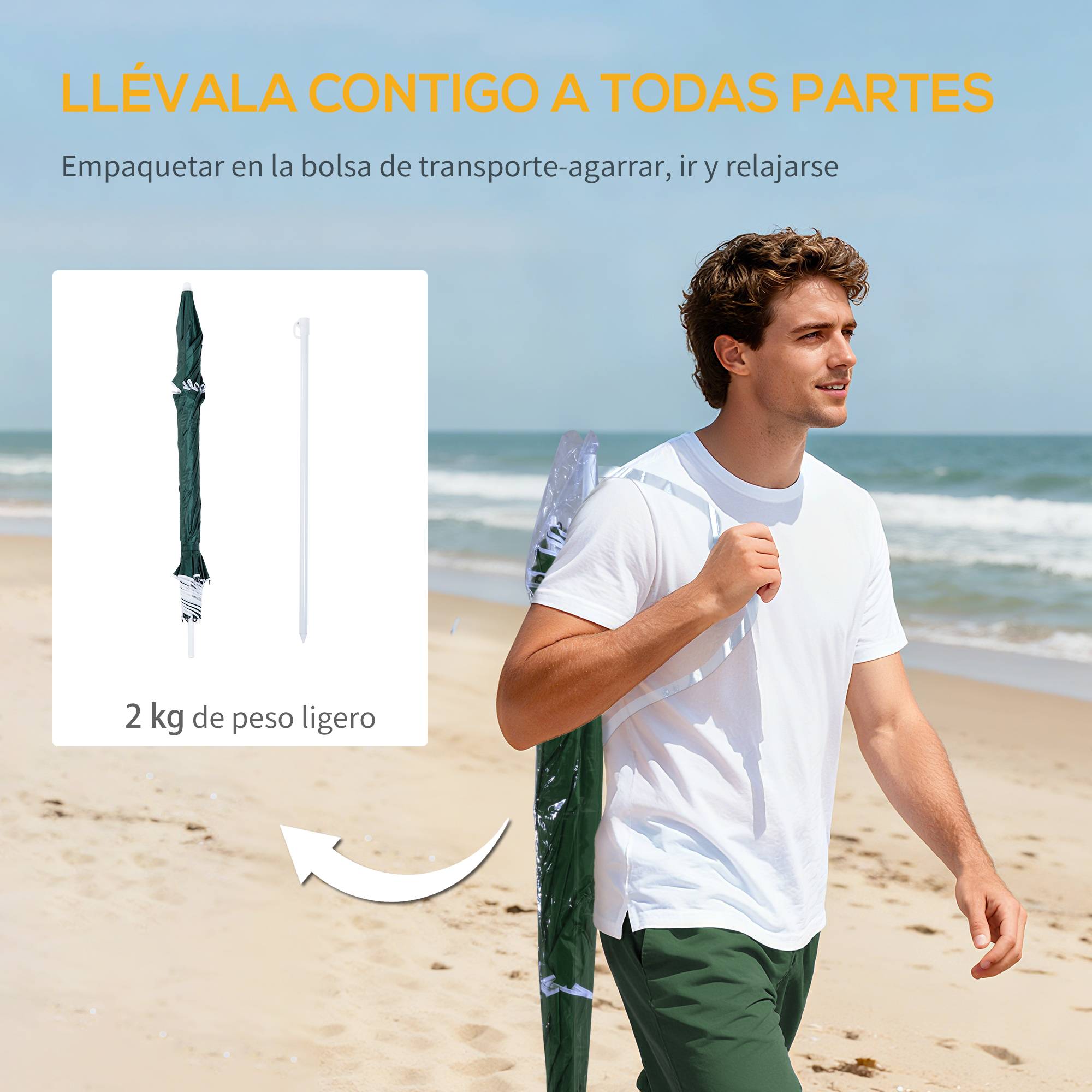 Parasol de plage 2 en 1 avec 2 panneaux latéraux, auvent portable anti-UV avec sac de transport, Ø 210 x 222 cm, vert - Image 10