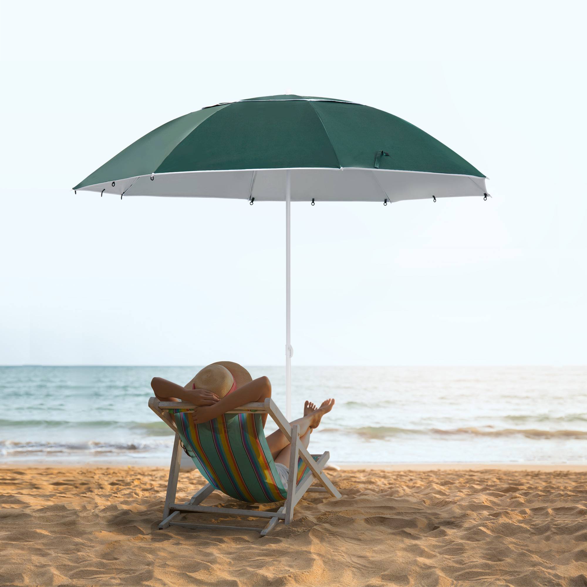 Parasol de plage 2 en 1 avec 2 panneaux latéraux, auvent portable anti-UV avec sac de transport, Ø 210 x 222 cm, vert - Image 4