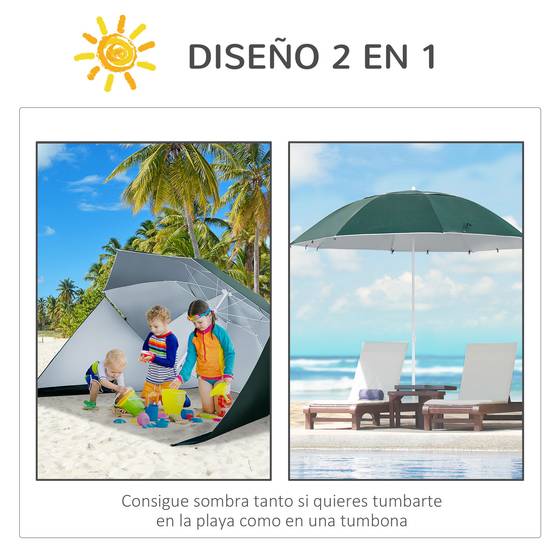 Parasol de plage 2 en 1 avec 2 panneaux latéraux, auvent portable anti-UV avec sac de transport, Ø 210 x 222 cm, vert - Image 9