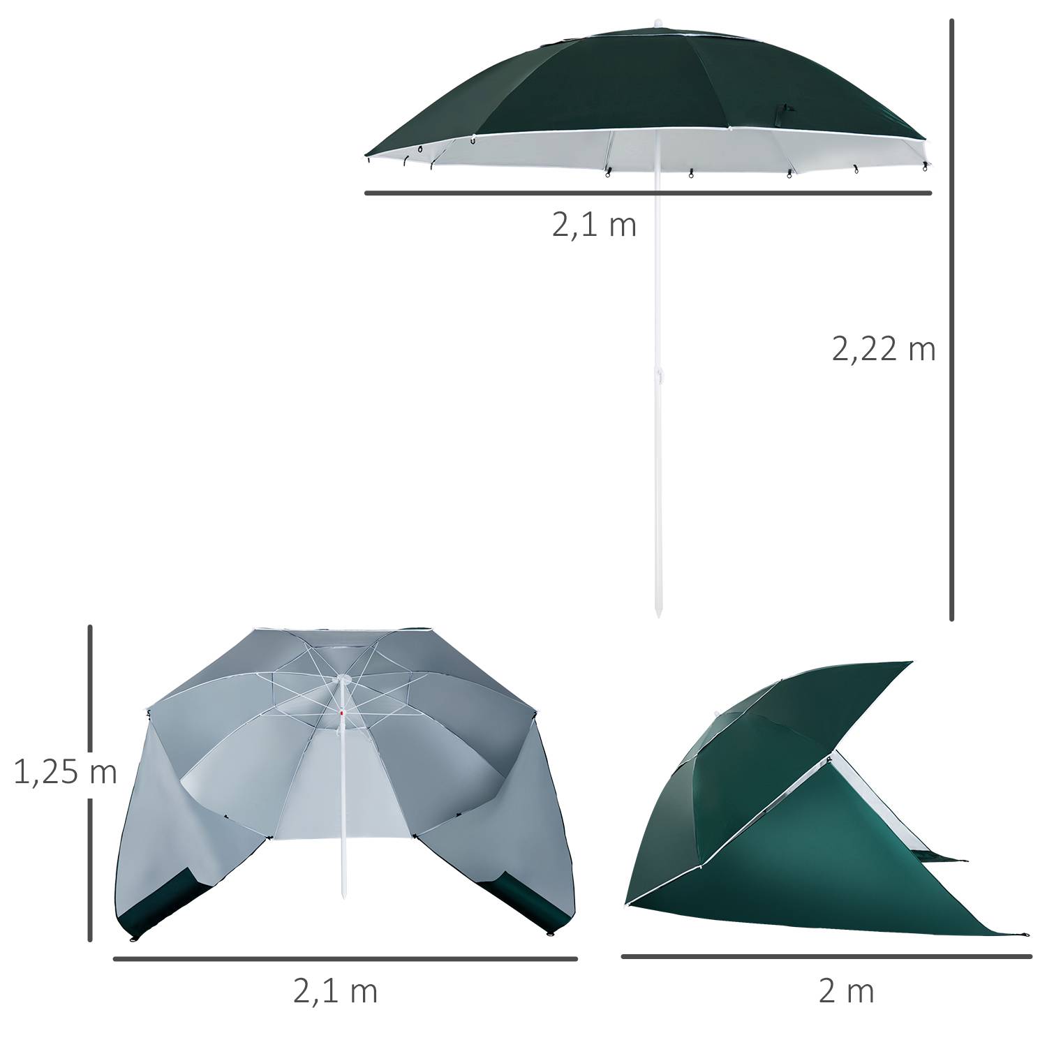 Parasol de plage 2 en 1 avec 2 panneaux latéraux, auvent portable anti-UV avec sac de transport, Ø 210 x 222 cm, vert - Image 5