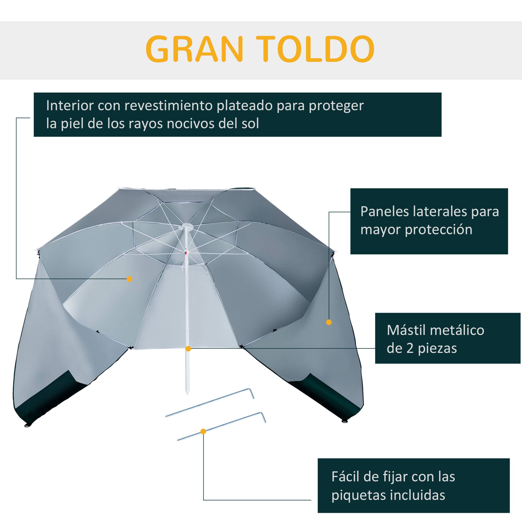 Parasol de plage 2 en 1 avec 2 panneaux latéraux, auvent portable anti-UV avec sac de transport, Ø 210 x 222 cm, vert - Image 8