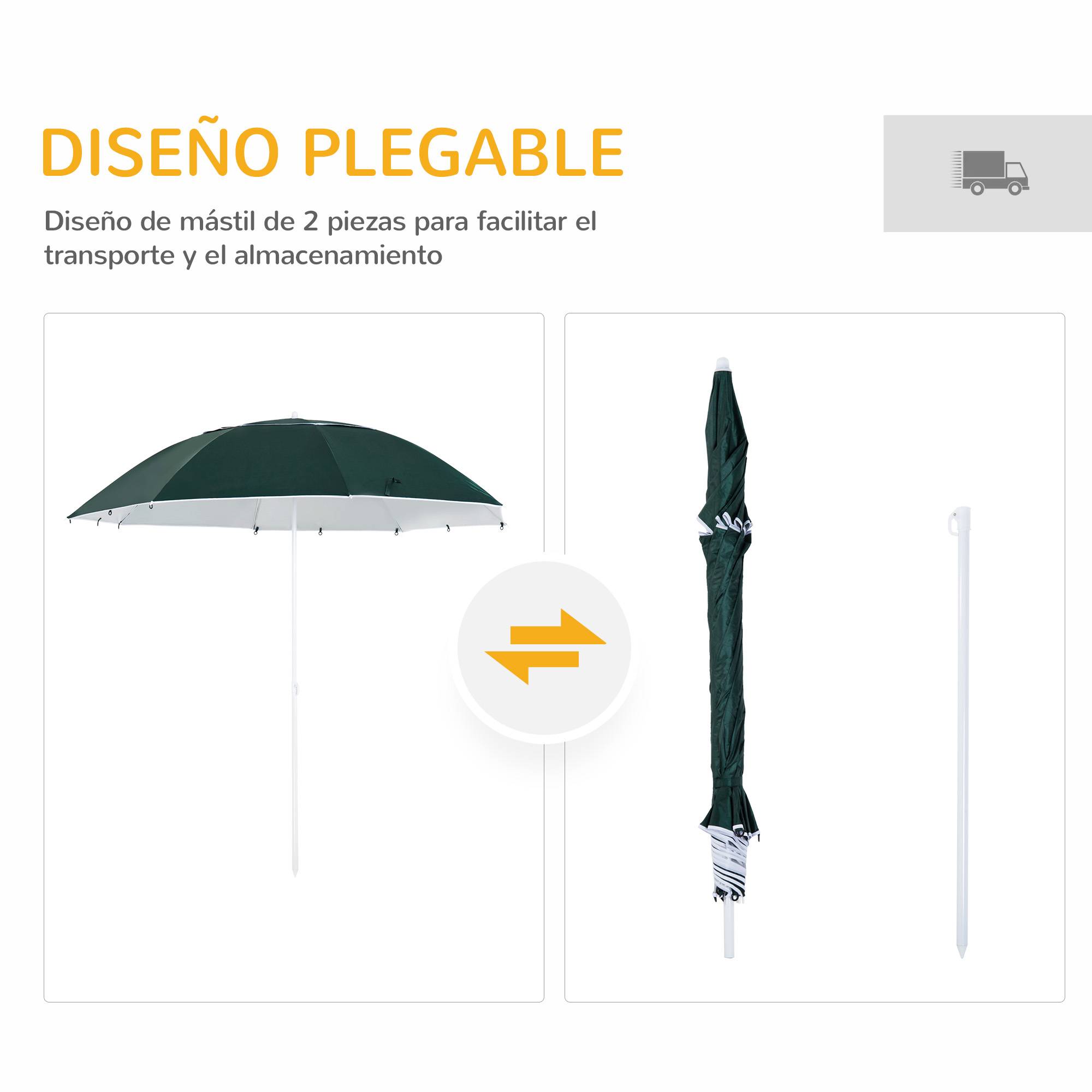 Parasol de plage 2 en 1 avec 2 panneaux latéraux, auvent portable anti-UV avec sac de transport, Ø 210 x 222 cm, vert - Image 7