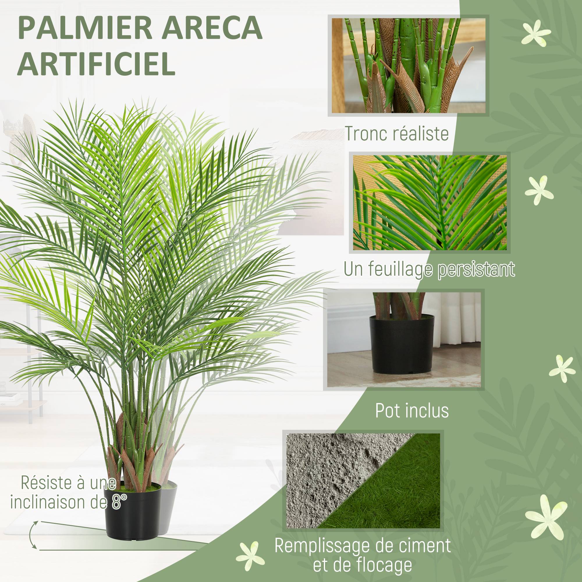 Plante artificielle intérieure 120 cm, palmier arbre artificiel avec pot en plastique et flocage, vert - Image 6