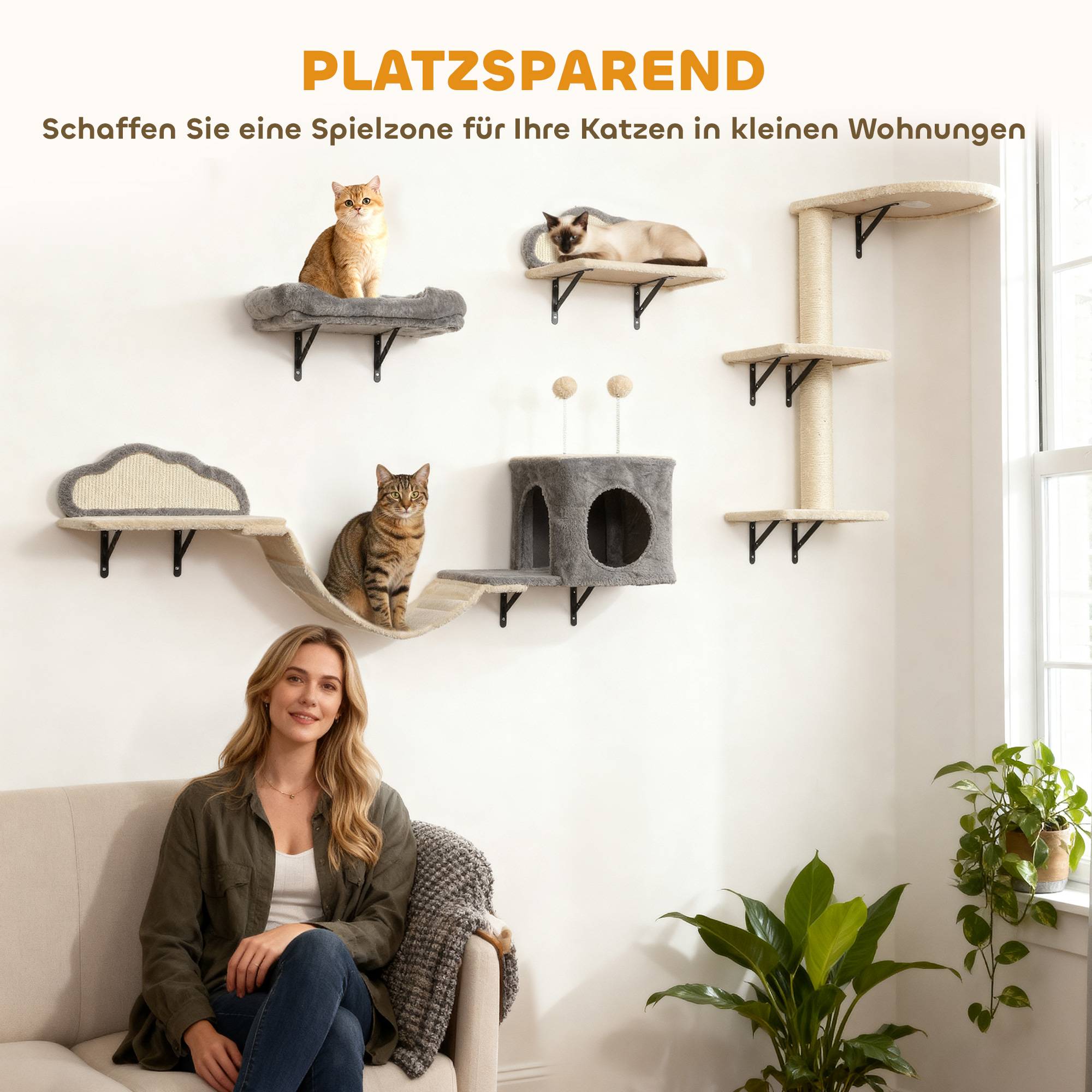 Set arbre à chat mural, surfaces sisal, 4 pièces, pour 1-3 chats, beige - Image 7