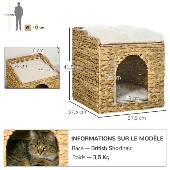 Sans Marque - Niche pour chat 2 niveaux avec 2 coussins en jacinthe d'eau - 37,5 x 37,5 x 41,5 cm marron crème - Image 5