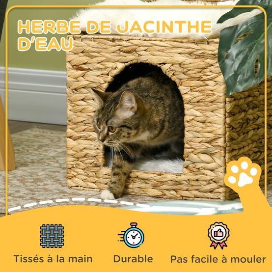 Sans Marque - Niche pour chat 2 niveaux avec 2 coussins en jacinthe d'eau - 37,5 x 37,5 x 41,5 cm marron crème - Image 6