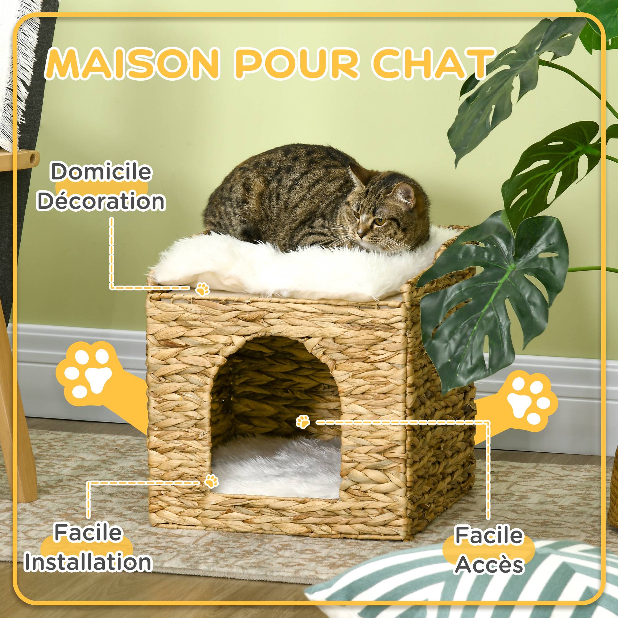 Sans Marque - Niche pour chat 2 niveaux avec 2 coussins en jacinthe d'eau - 37,5 x 37,5 x 41,5 cm marron crème - Image 9