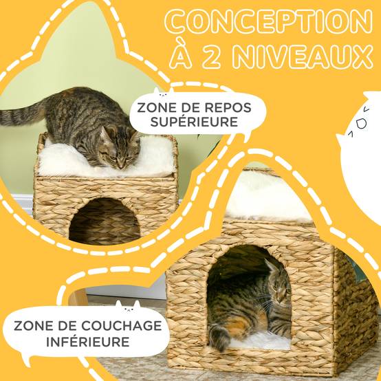 Sans Marque - Niche pour chat 2 niveaux avec 2 coussins en jacinthe d'eau - 37,5 x 37,5 x 41,5 cm marron crème - Image 7