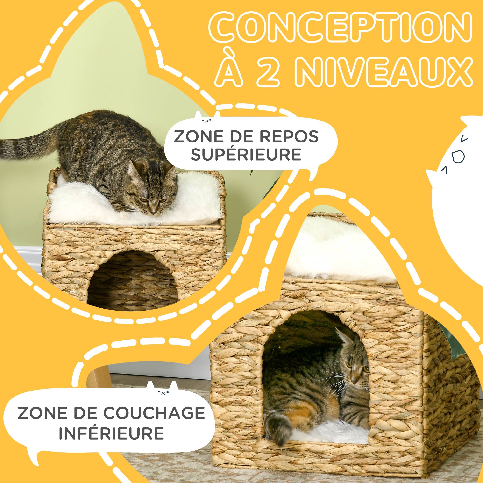 Sans Marque - Niche pour chat 2 niveaux avec 2 coussins en jacinthe d'eau - 37,5 x 37,5 x 41,5 cm marron crème - Image 7