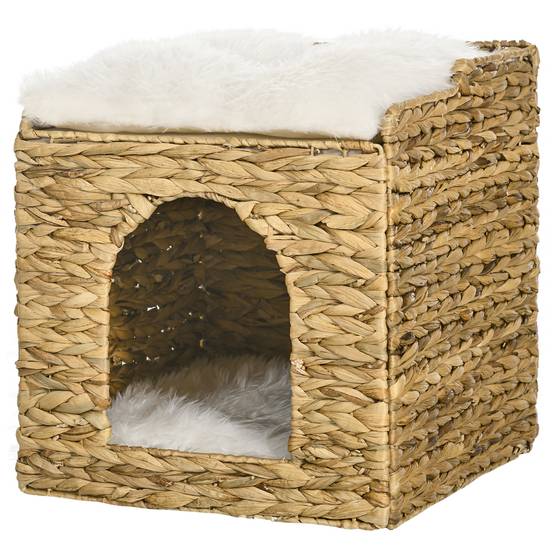 Sans Marque - Niche pour chat 2 niveaux avec 2 coussins en jacinthe d'eau - 37,5 x 37,5 x 41,5 cm marron crème - Image 2