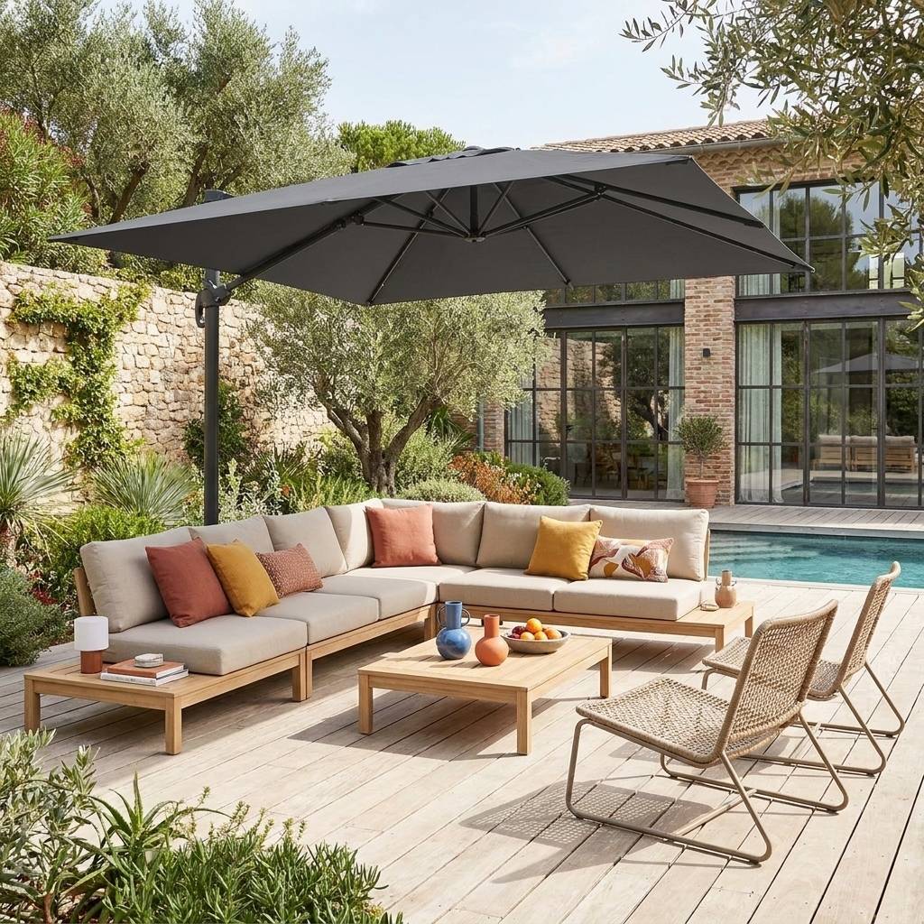 sweeek - Parasol déporté carré 3x3m haut de gamme - Falgos - gris - Parasol excentré inclinable. rabattable et rotatif à 360°. | sweeek - Image 1