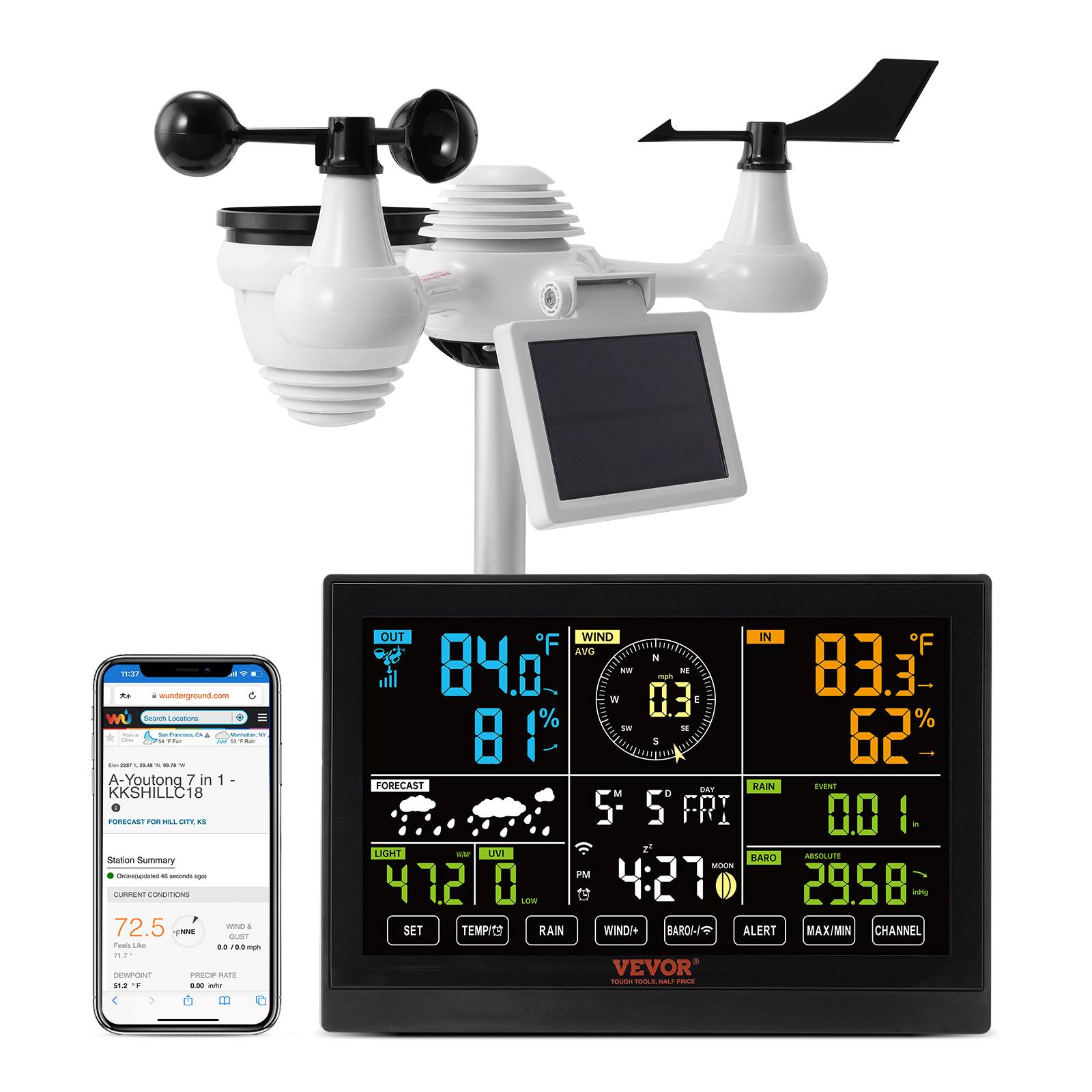VEVOR Station Météo Wi-Fi Sans Fil 7-en-1 Capteur Extérieur Écran Couleur 7,5 po